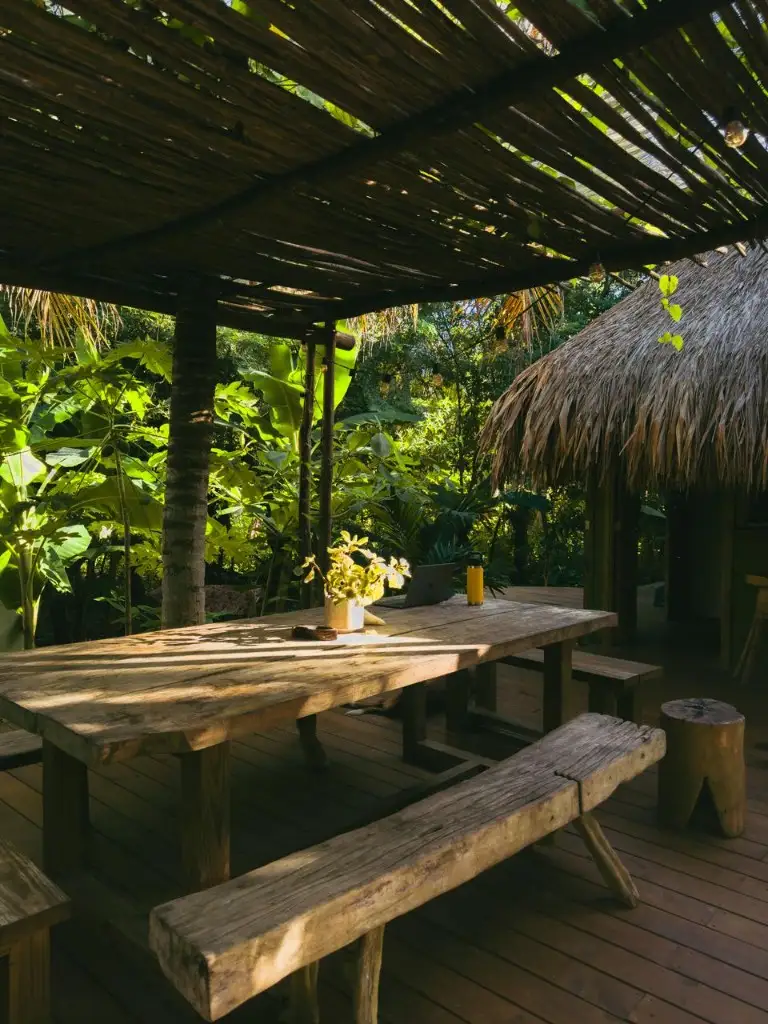 Mesa del restaurante entre la vegetación tropical