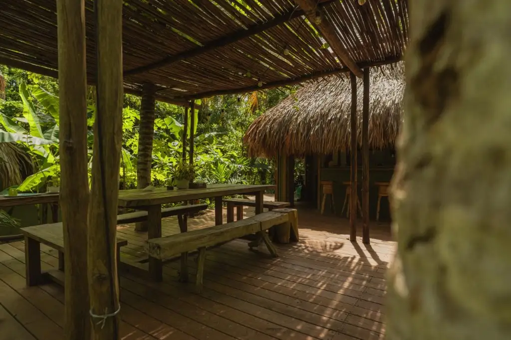 Salón del restaurante con mesas de madera bajo techo de ramas